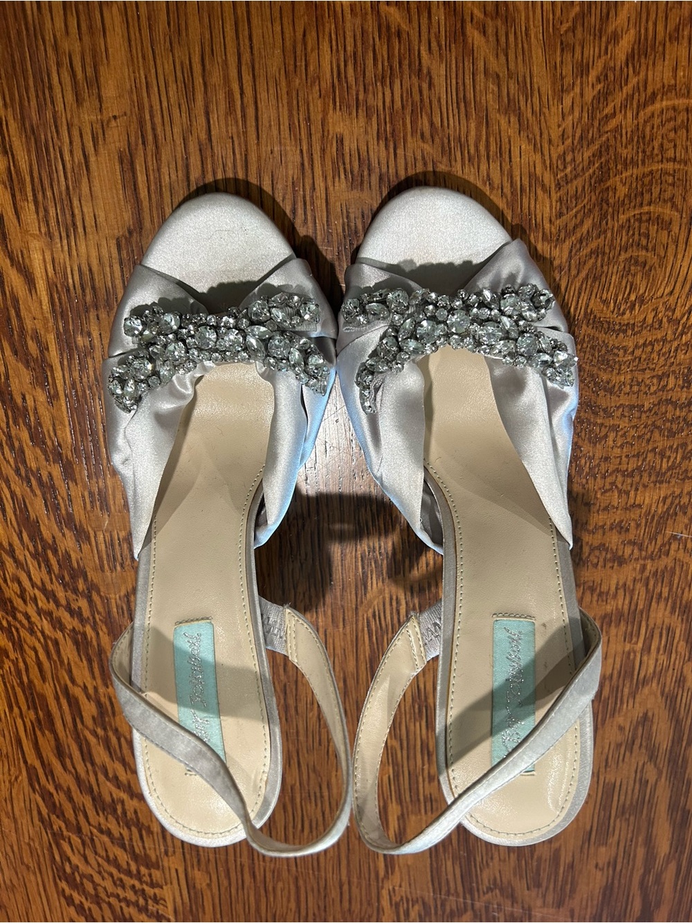 Betsy Johnson Silver Crystal-Embellished Satin Slingback Heels